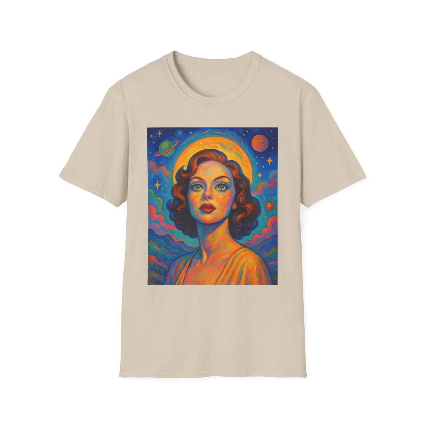 Retro Space Girl T Shirt Vintage Sci Fi Beauty Psychedelic Pop Art Galaxy Babe Tee Gift for Star Gazers Cosmic Fashion Astronaut Dreamwear