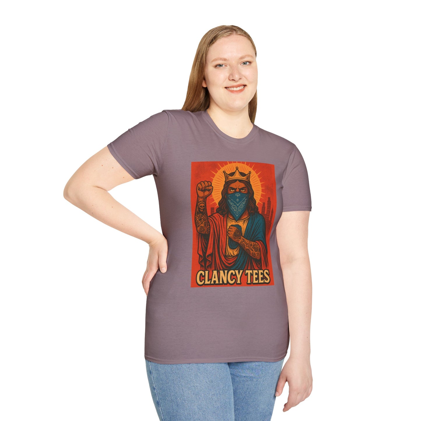 Tattooed Jesus Street Art Shirt – Clancy Tees | Urban Messiah Graphic Tee | Bold Religious Satire Shirt | King of the Block Tee
