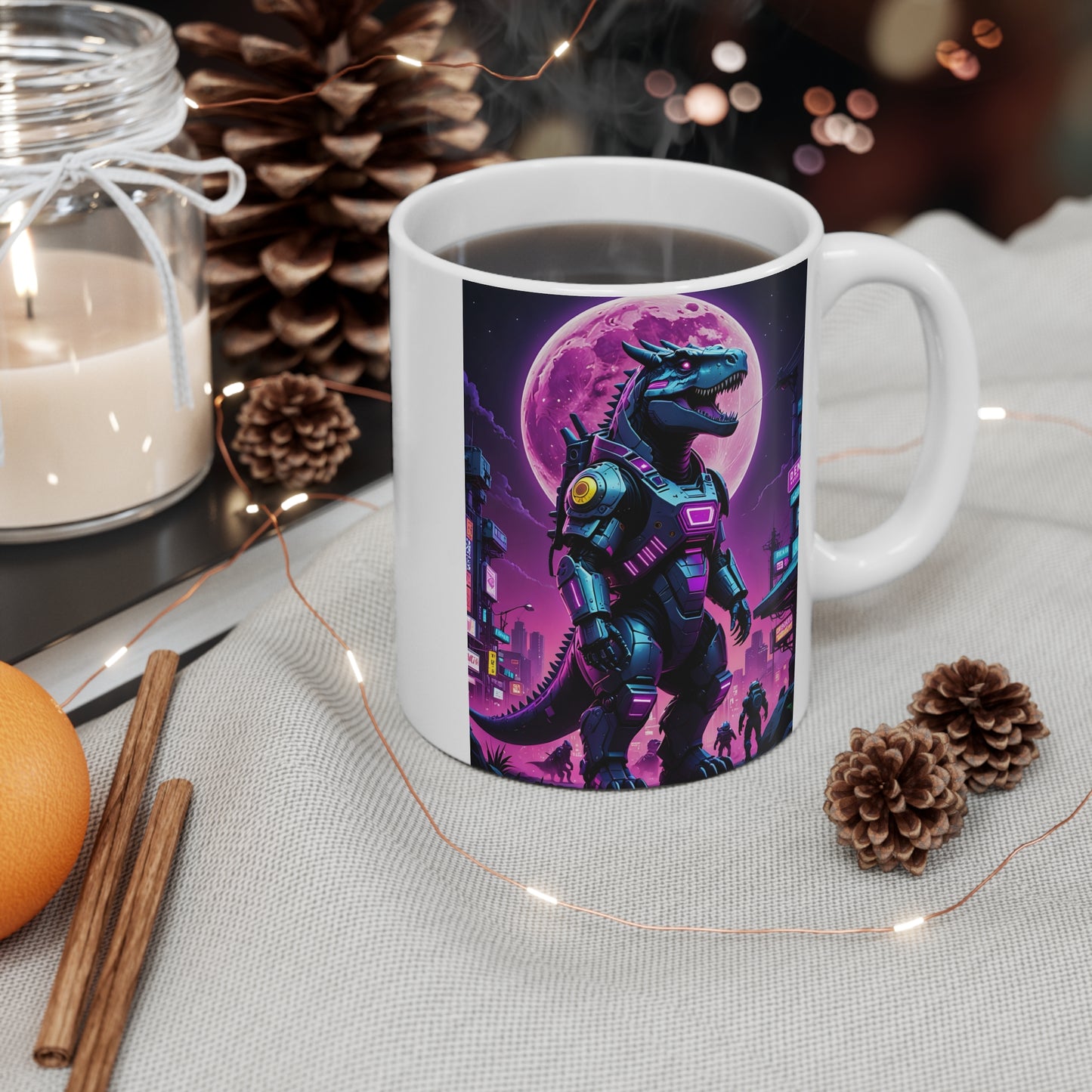 Cyberpunk Dinosaur Coffee Mug 11oz Ceramic Cup Retro Futuristic Drinkware Neon T Rex Artwork Sci Fi Design For Morning Coffee Tea And Hot Drinks
