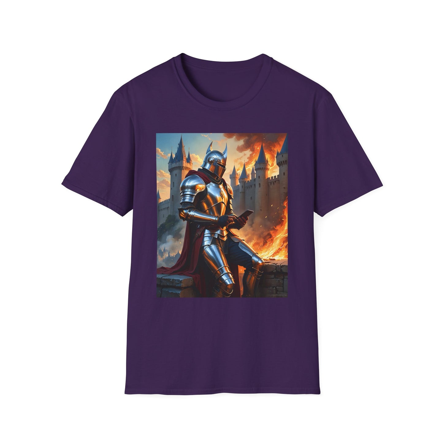 Knight in Burning Castle Shirt – Dark Fantasy Armor Tee – Gift for RPG Fans, Medieval Nerds, and Apocalyptic History Buffs