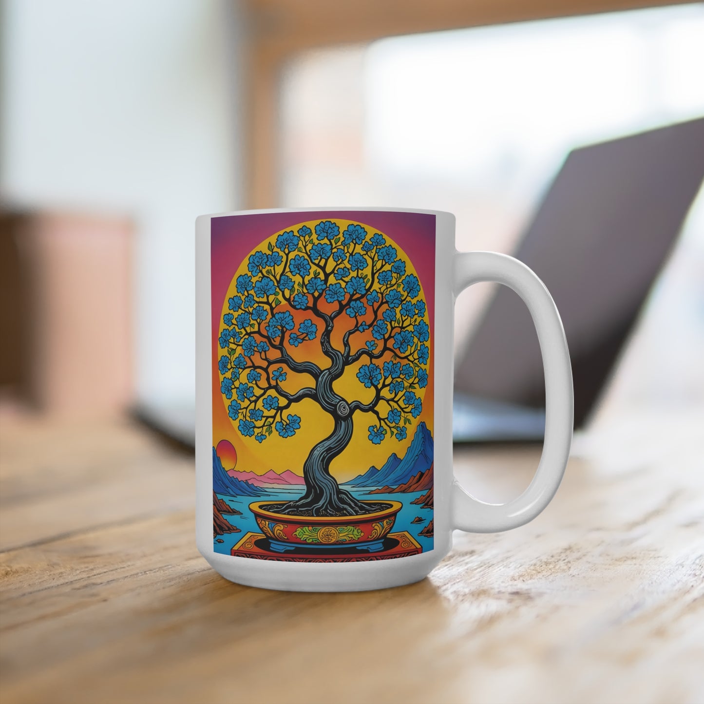 Bonsai Tree Of Life Ceramic Mug Mystical Nature Artwork Vibrant Sunset Zen Coffee Cup