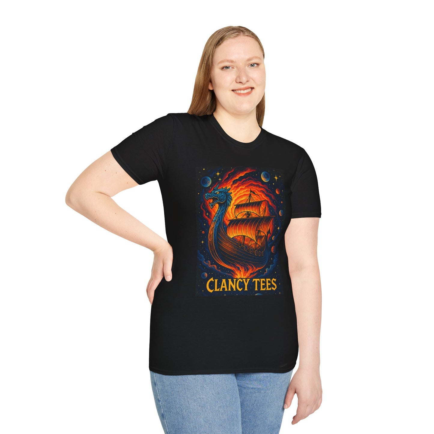 Viking Ship Dragon Shirt – Trippy Norse Mythology Tee with Fiery Cosmic Art – Bold Fantasy Graphic – Gift for Myth Lovers and Warrior Souls