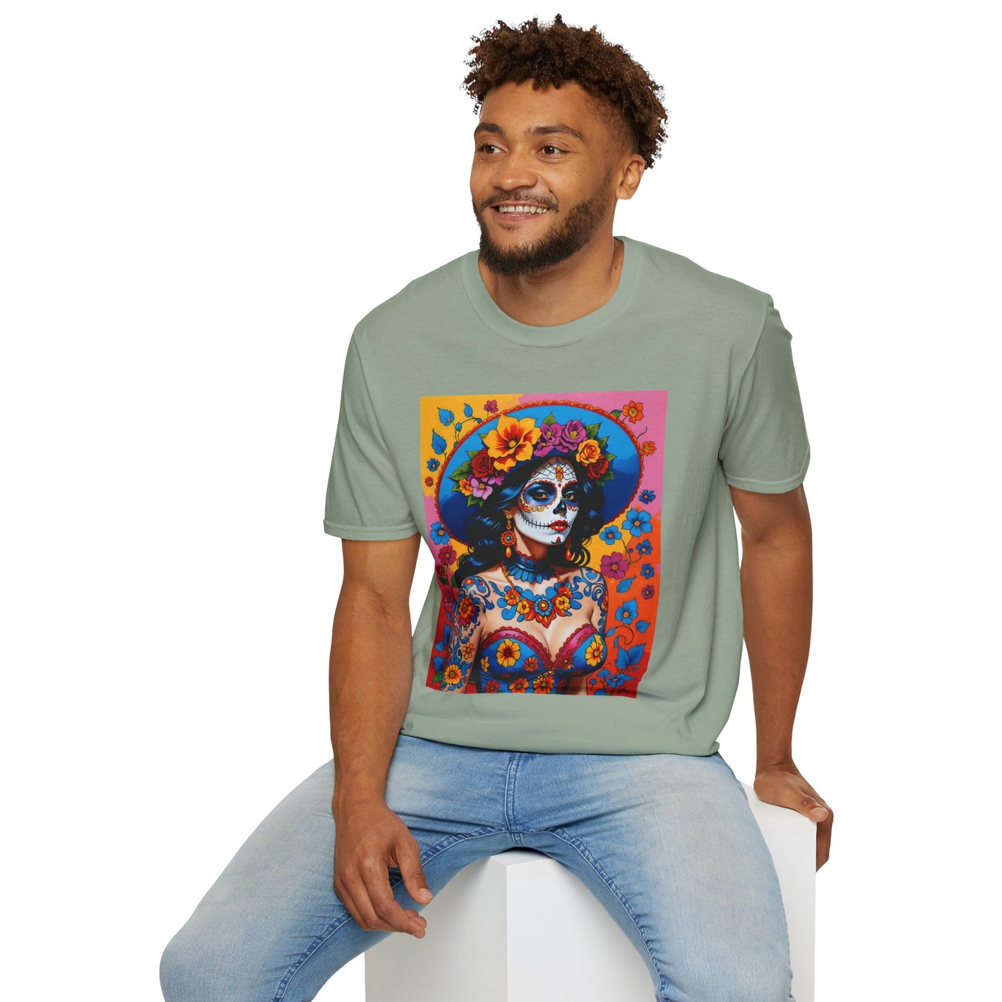 Sugar Skull T-Shirt – Día de los Muertos Art Tee – Gift for Goth Aesthetic Fans, Colorful Skull Lovers, and Tattoo-Inspired Fashion