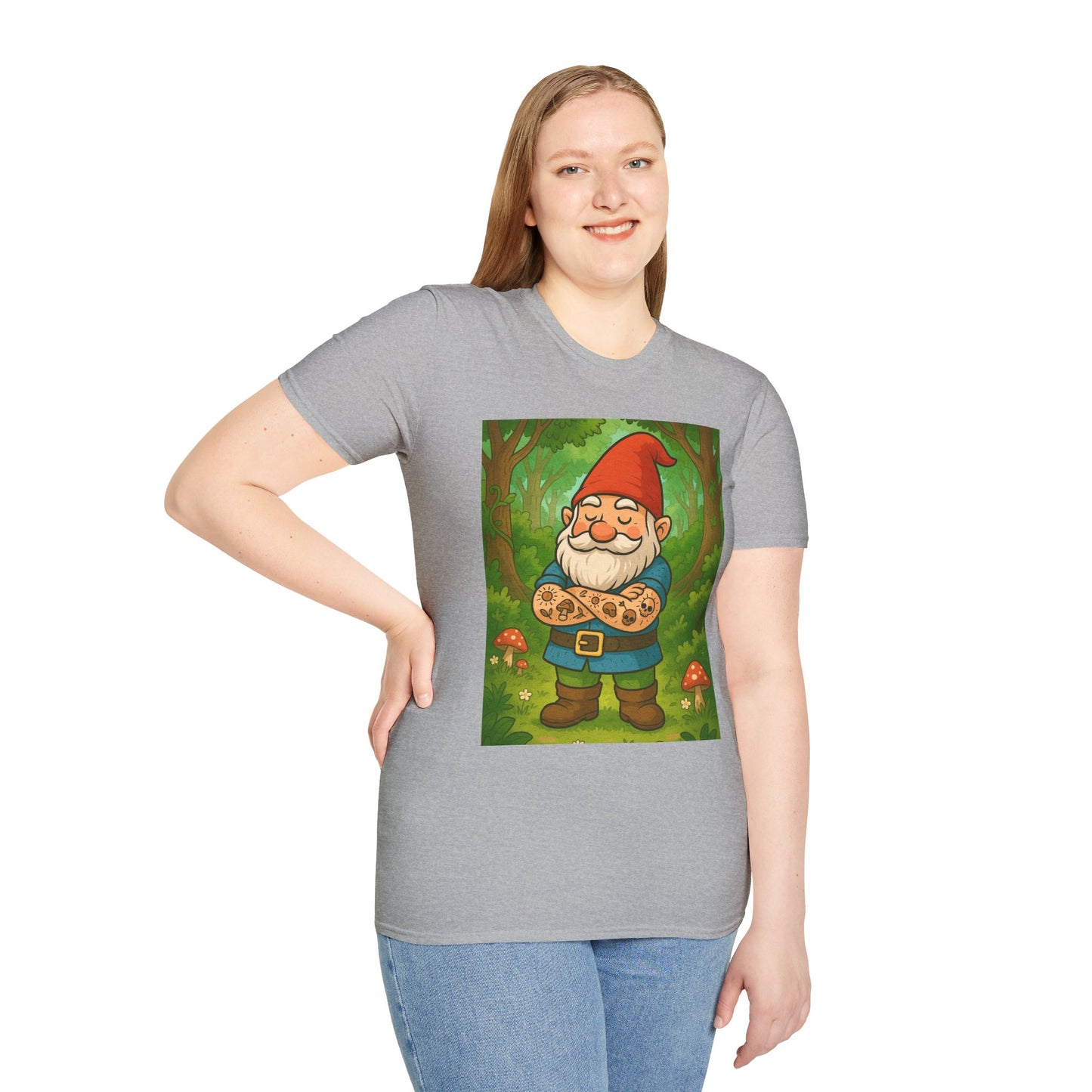 Tattooed Gnome T-Shirt – Funny Forest Inked Gnome Tee – Whimsical Tattoo Garden Shirt Gift for Mushroom Lovers, Gardeners, and Fantasy Fans