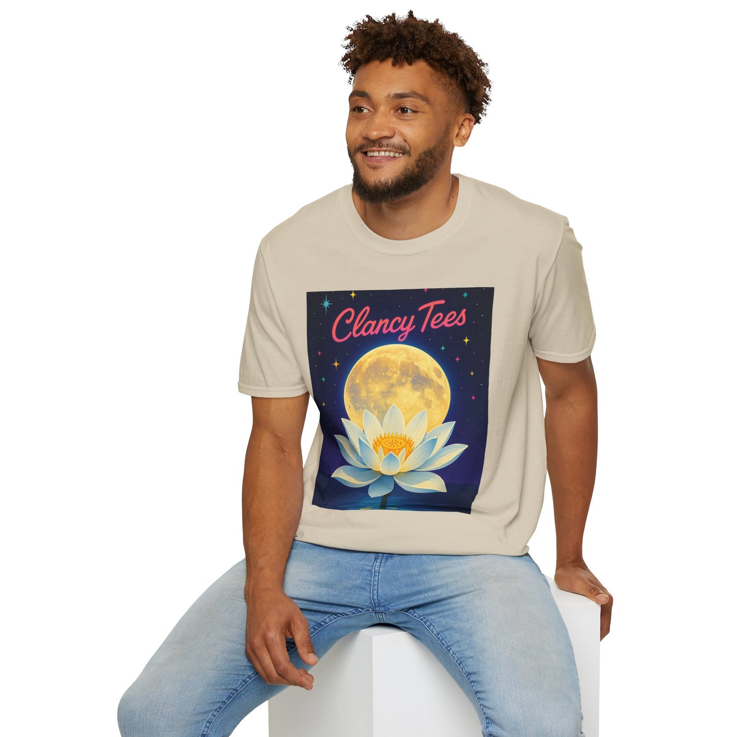 Moon Lotus Clancy Tees Shirt – Ethereal Floral T-Shirt with Full Moon Art – Gift for Nature Lovers, Yogis, Dreamers & Spiritual Aesthetic Fans