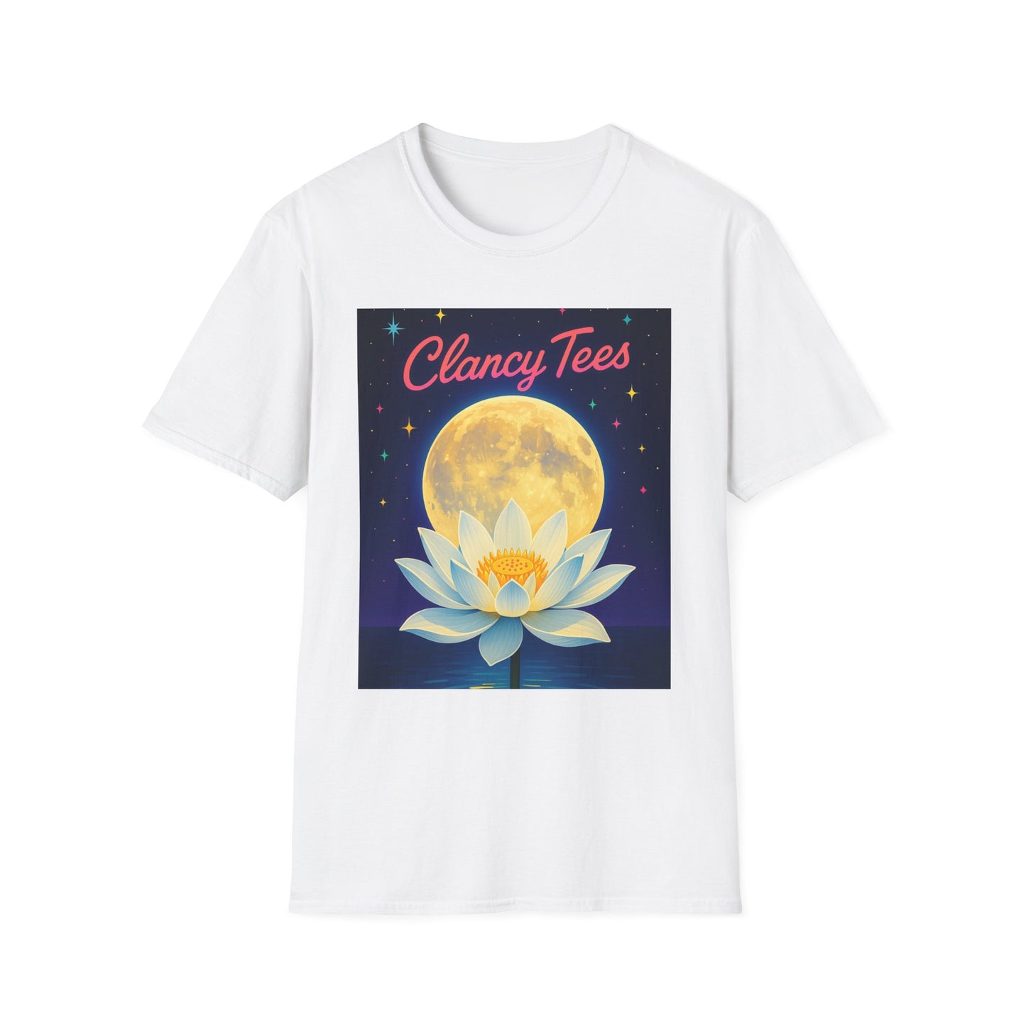 Moon Lotus Clancy Tees Shirt – Ethereal Floral T-Shirt with Full Moon Art – Gift for Nature Lovers, Yogis, Dreamers & Spiritual Aesthetic Fans