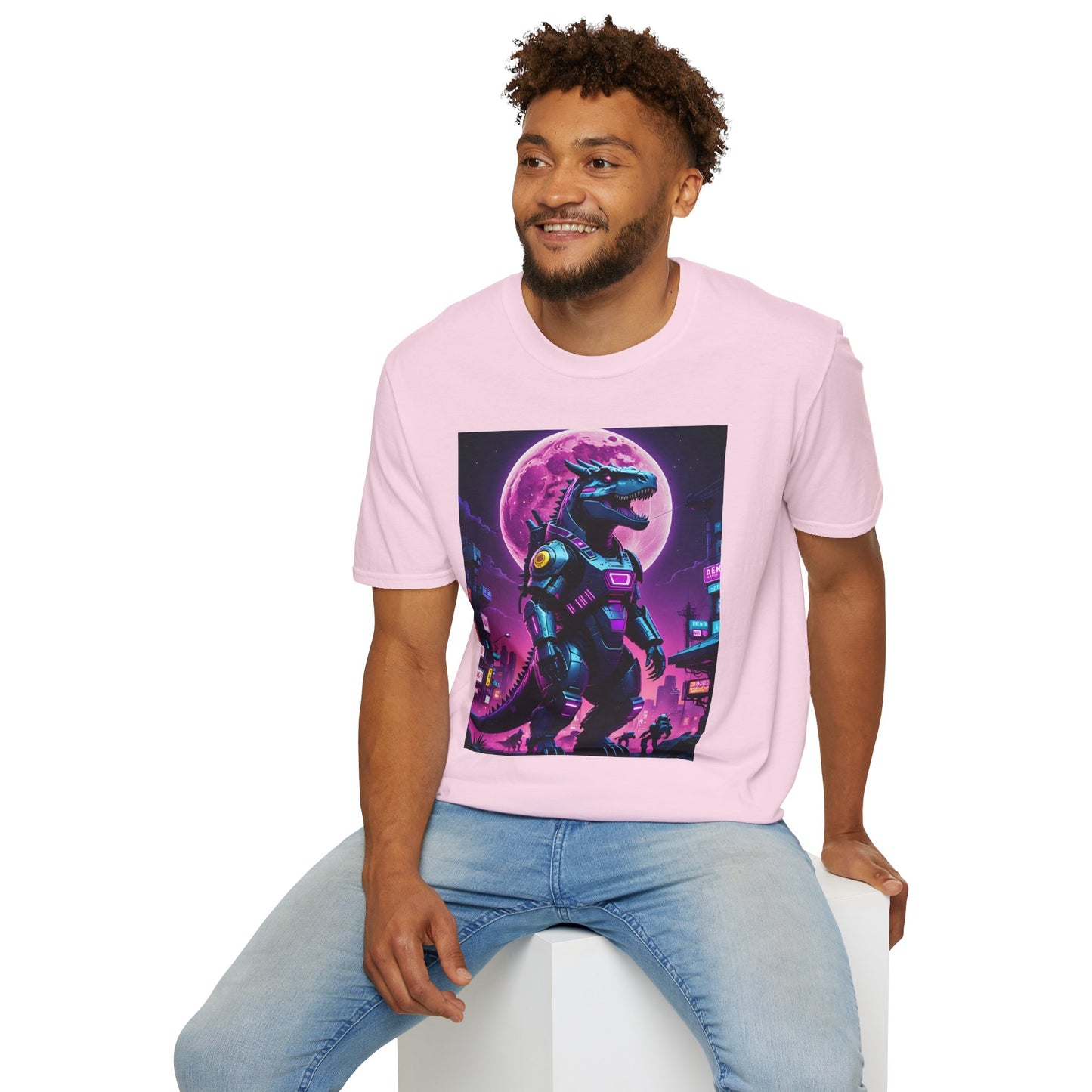 Cyberpunk Dinosaur T Shirt Neon Retro Graphic Tee Futuristic Monster Artwork Top Gift for Sci Fi Fans