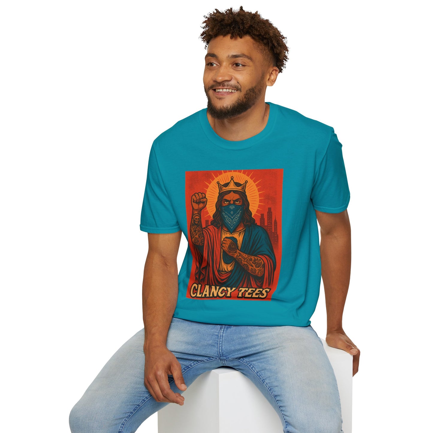 Tattooed Jesus Street Art Shirt – Clancy Tees | Urban Messiah Graphic Tee | Bold Religious Satire Shirt | King of the Block Tee