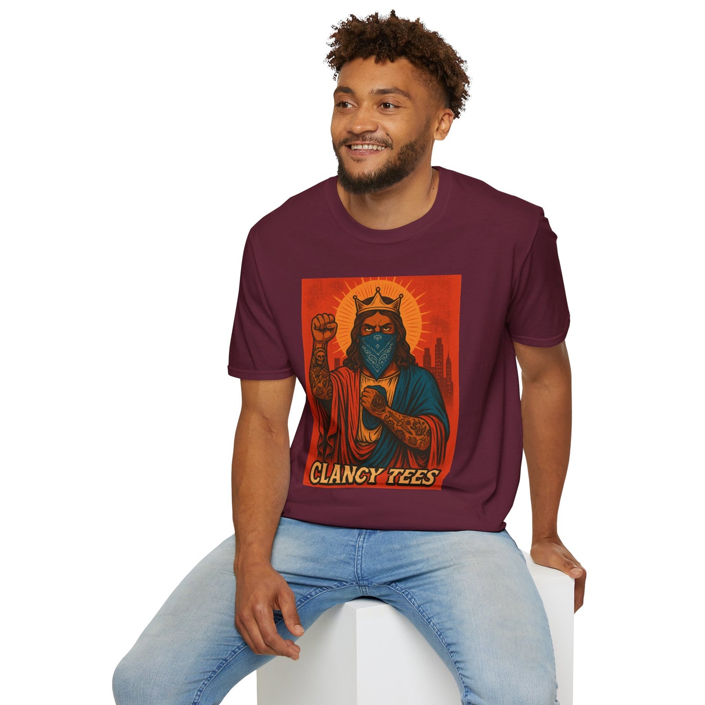 Tattooed Jesus Street Art Shirt – Clancy Tees | Urban Messiah Graphic Tee | Bold Religious Satire Shirt | King of the Block Tee