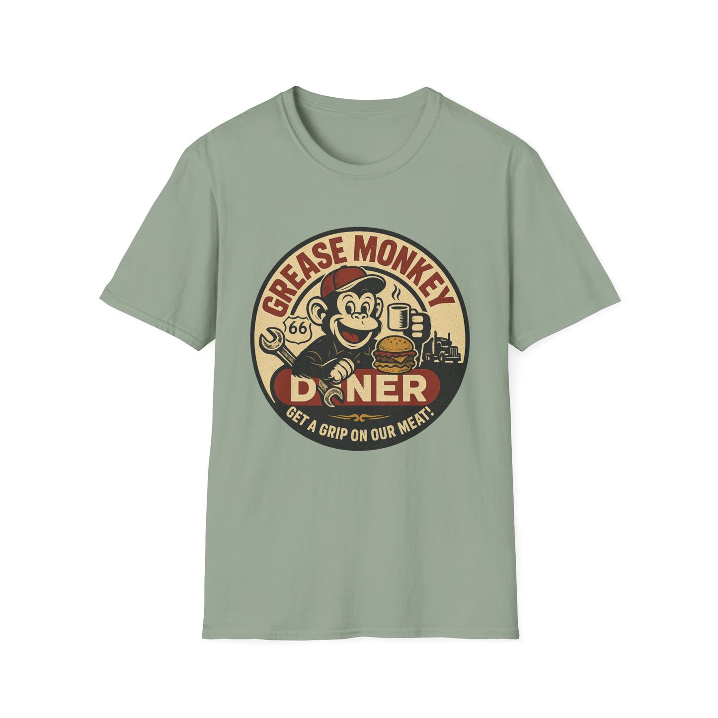 Grease Monkey Diner T-Shirt – Retro Mechanic Mascot Tee – Funny Vintage Roadside Shirt Gift for Car Guys, Grill Masters, and Route 66 Road Trip Fans