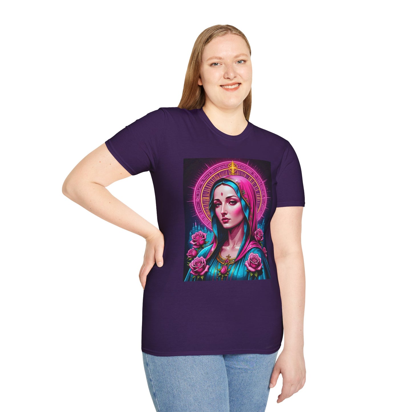 Religious Graphic Tee - Vibrant Mary Artwork, Gift for Devotees, Floral Design Shirt, Faith-Inspired Apparel, Everyday Wear