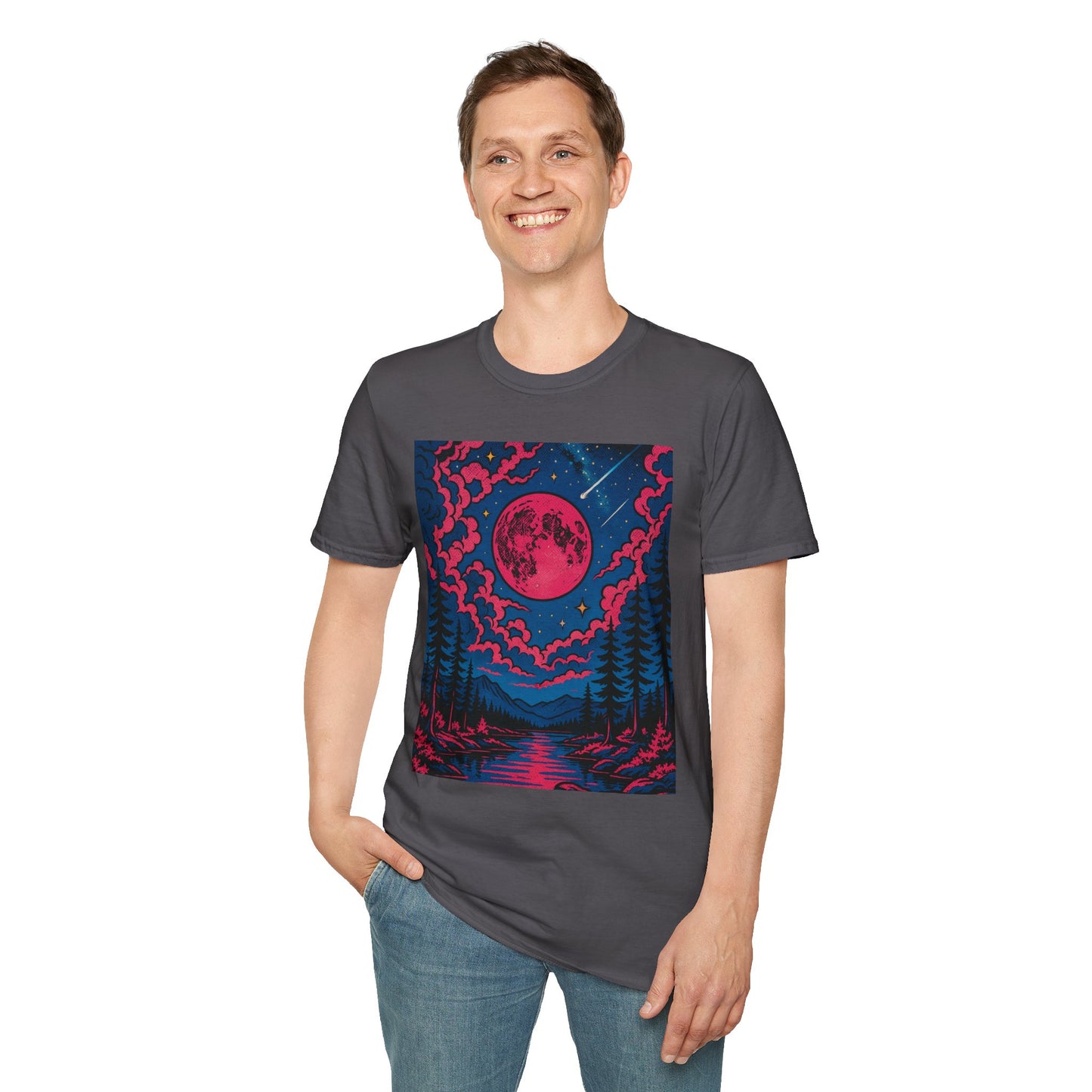 Trippy Red Moon Forest T-Shirt – Surreal Nature Graphic Tee • Psychedelic Night Sky Shirt • Gildan Softstyle® Unisex • Gift for Nature Lovers