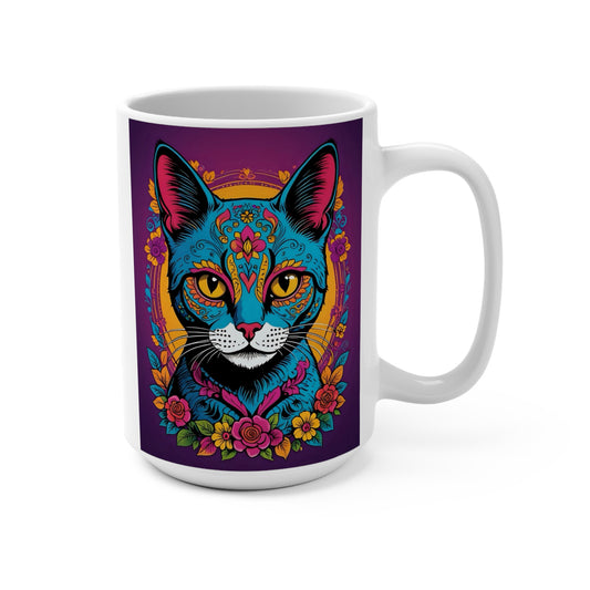 Colorful Cat Mug, 15oz Decorative Coffee Cup, Bohemian Cat Design, Gift for Cat Lovers, Unique Home Decor, Vibrant Tea Mug
