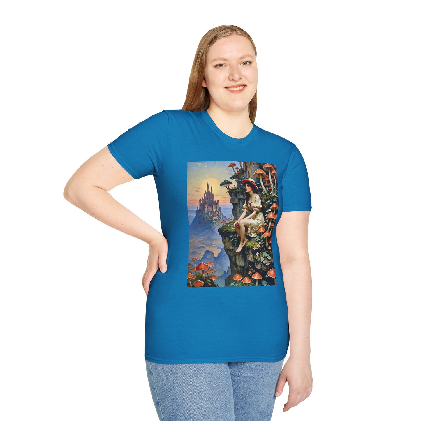 Fantasy Mushroom Fairy T-Shirt Enchanted Castle Cliffside Tee Surreal Magic Art Shirt Gift for Fantasy Fans Gift for Dreamers Psychedelic Nature Tee