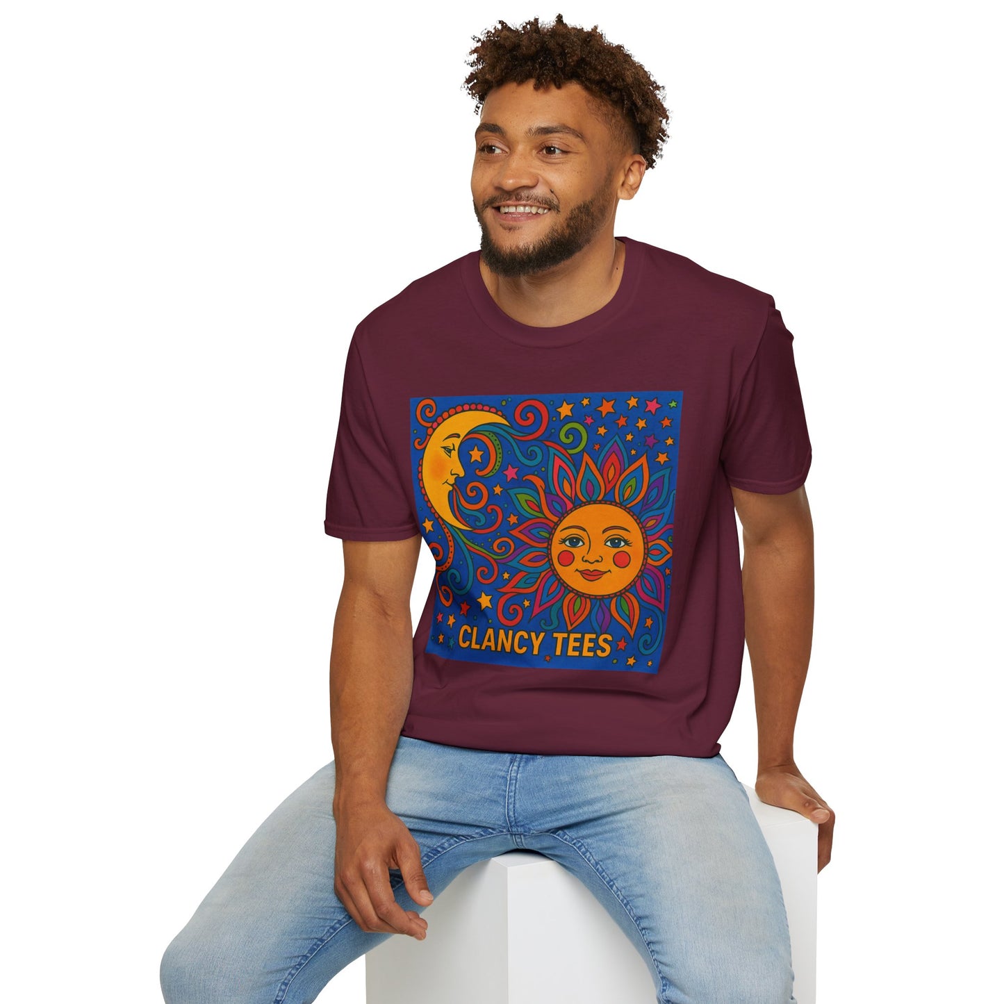 Sun and Moon Vibrant Tee, Unisex Softstyle T-Shirt for Summer Vibes, Boho Fashion, Gift for Her, Festival Wear, Casual Wear