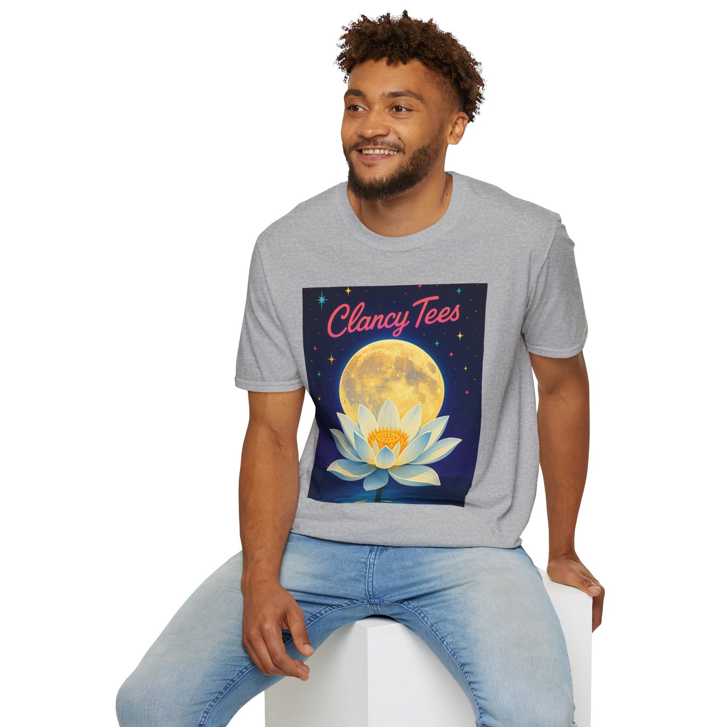 Moon Lotus Clancy Tees Shirt – Ethereal Floral T-Shirt with Full Moon Art – Gift for Nature Lovers, Yogis, Dreamers & Spiritual Aesthetic Fans