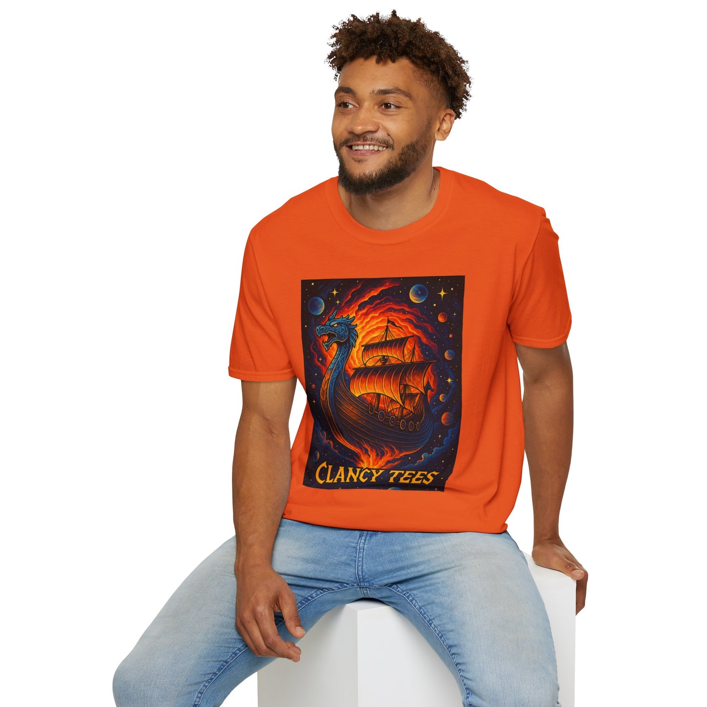 Viking Ship Dragon Shirt – Trippy Norse Mythology Tee with Fiery Cosmic Art – Bold Fantasy Graphic – Gift for Myth Lovers and Warrior Souls