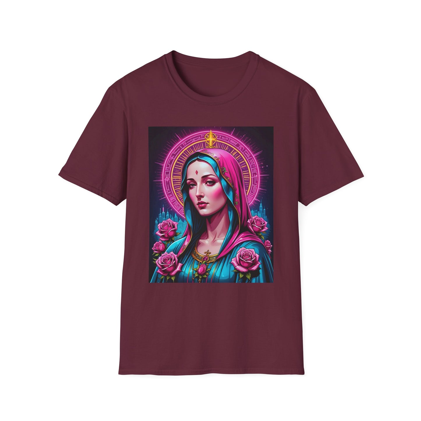 Religious Graphic Tee - Vibrant Mary Artwork, Gift for Devotees, Floral Design Shirt, Faith-Inspired Apparel, Everyday Wear