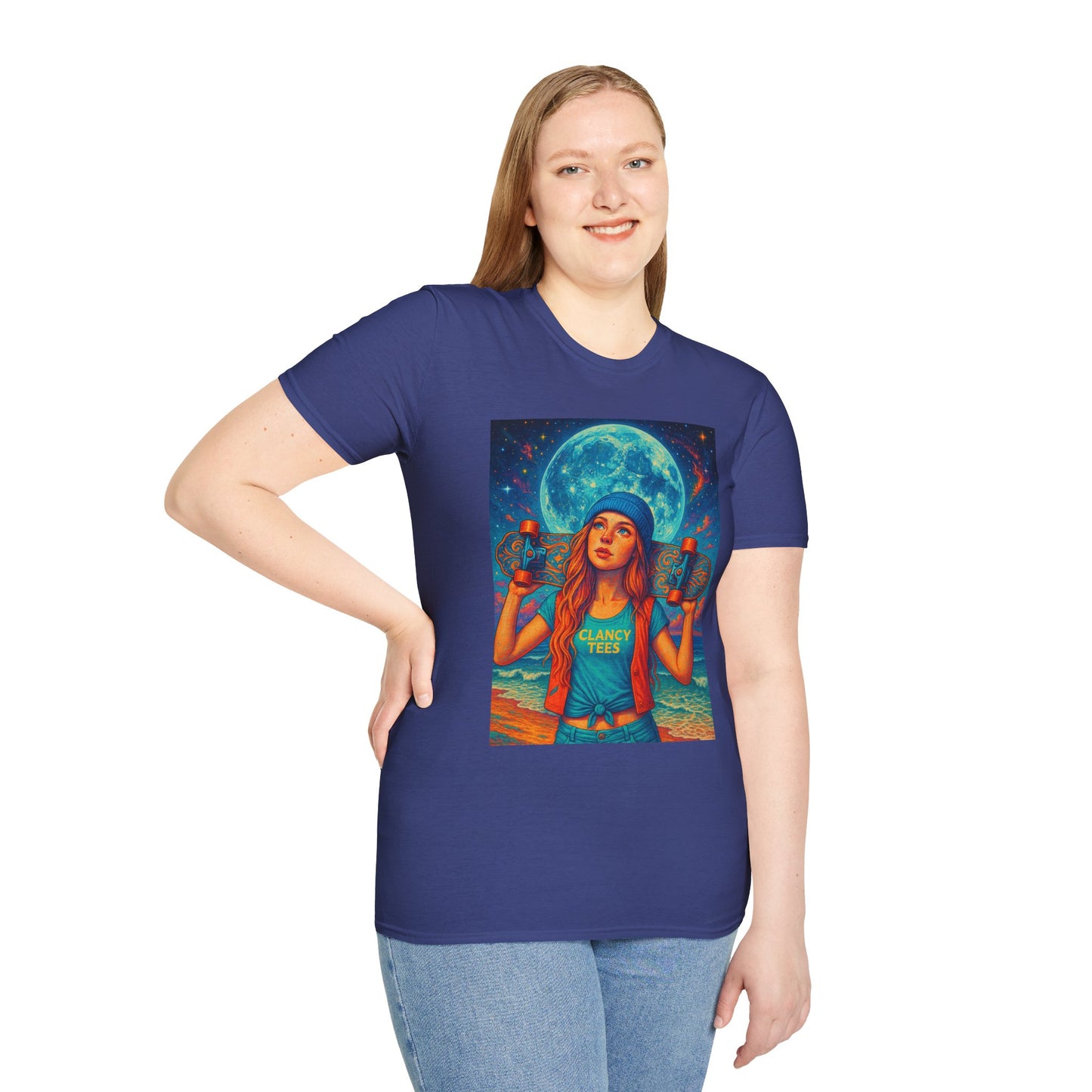 Bohemian Skater Girl Graphic Tee, Unisex T-Shirt with Moon & Nature Design, Perfect for Festivals, Gift for Nature Lovers, Summer Vibes, Casual Wear