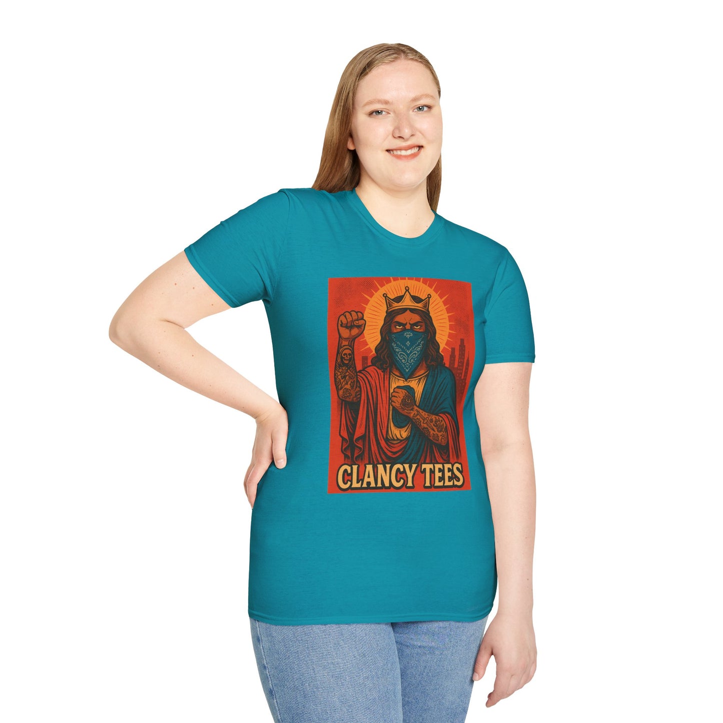 Tattooed Jesus Street Art Shirt – Clancy Tees | Urban Messiah Graphic Tee | Bold Religious Satire Shirt | King of the Block Tee