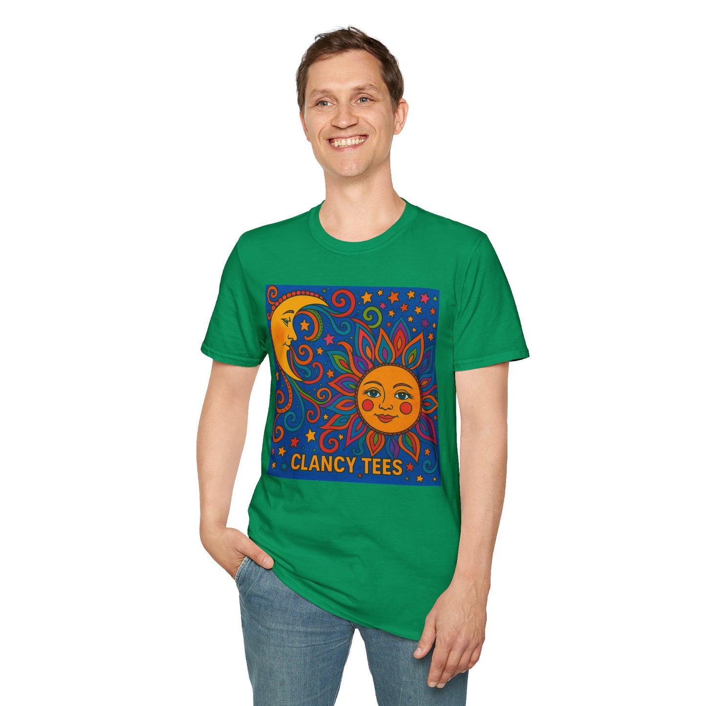 Sun and Moon Vibrant Tee, Unisex Softstyle T-Shirt for Summer Vibes, Boho Fashion, Gift for Her, Festival Wear, Casual Wear