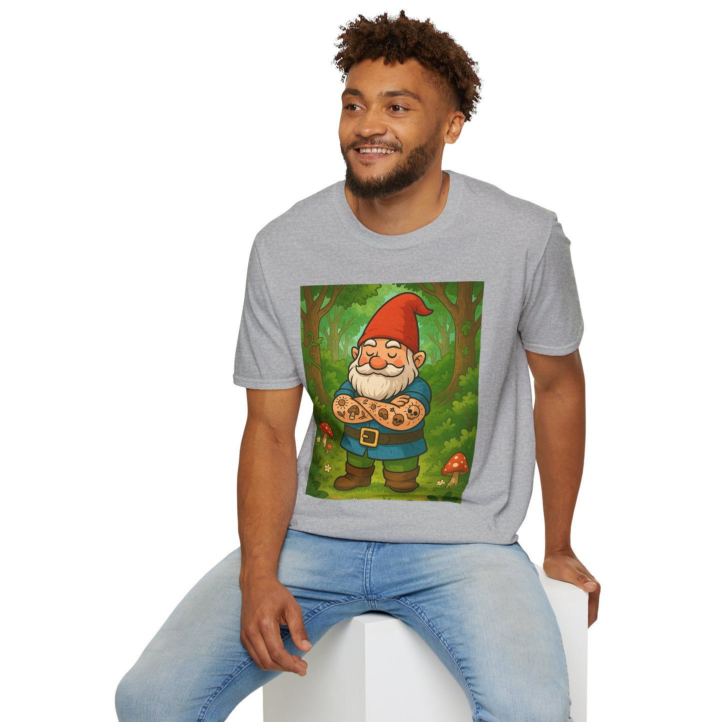 Tattooed Gnome T-Shirt – Funny Forest Inked Gnome Tee – Whimsical Tattoo Garden Shirt Gift for Mushroom Lovers, Gardeners, and Fantasy Fans