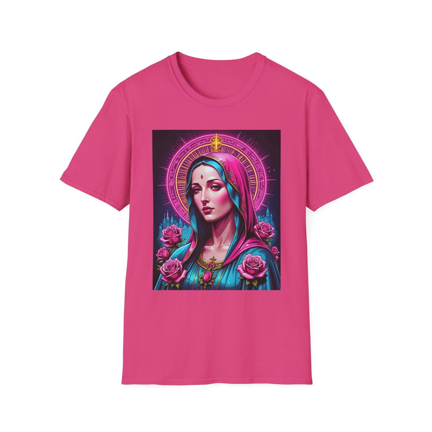 Religious Graphic Tee - Vibrant Mary Artwork, Gift for Devotees, Floral Design Shirt, Faith-Inspired Apparel, Everyday Wear