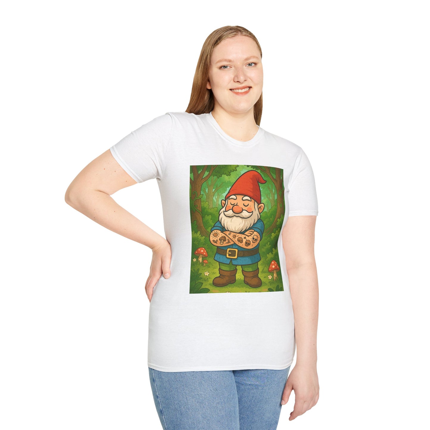 Tattooed Gnome T-Shirt – Funny Forest Inked Gnome Tee – Whimsical Tattoo Garden Shirt Gift for Mushroom Lovers, Gardeners, and Fantasy Fans