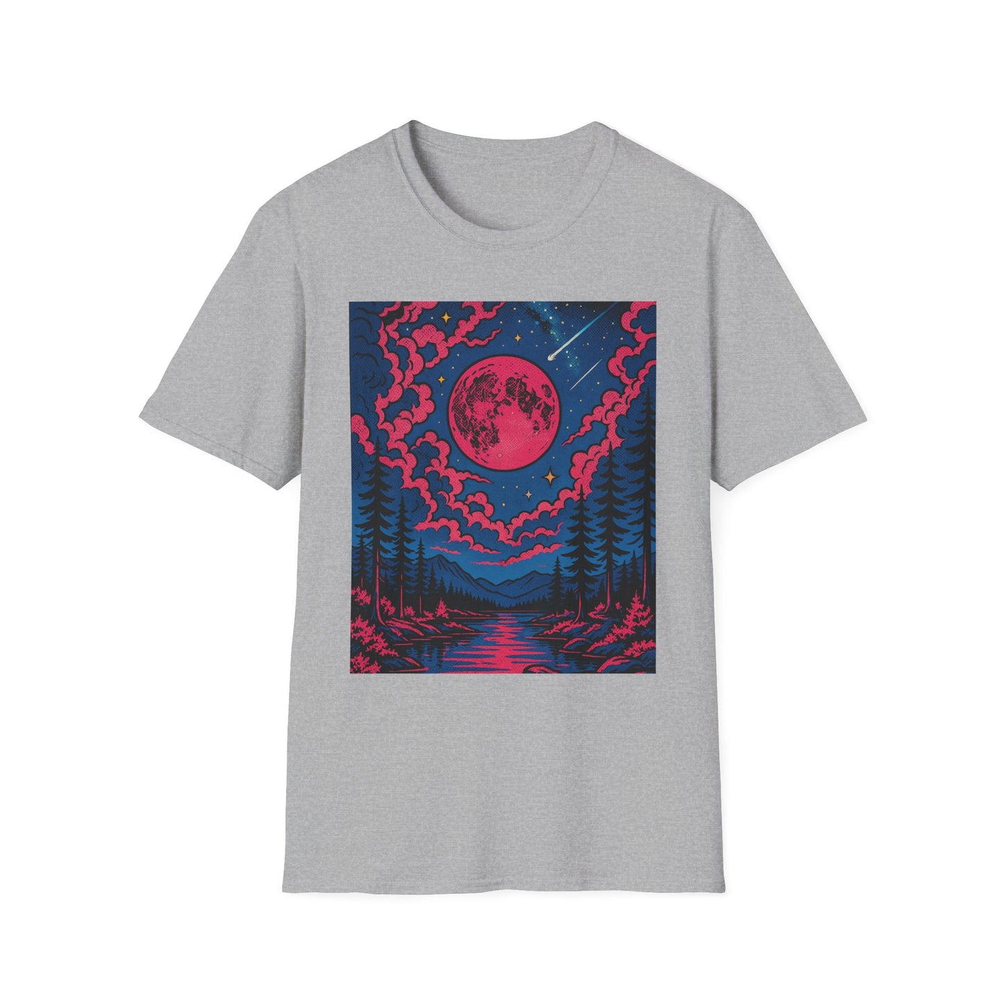 Trippy Red Moon Forest T-Shirt – Surreal Nature Graphic Tee • Psychedelic Night Sky Shirt • Gildan Softstyle® Unisex • Gift for Nature Lovers
