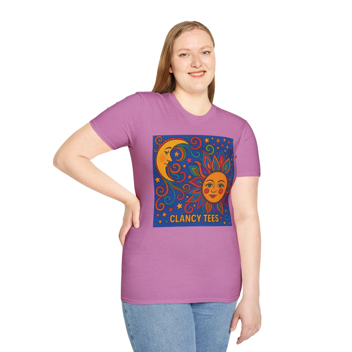 Sun and Moon Vibrant Tee, Unisex Softstyle T-Shirt for Summer Vibes, Boho Fashion, Gift for Her, Festival Wear, Casual Wear