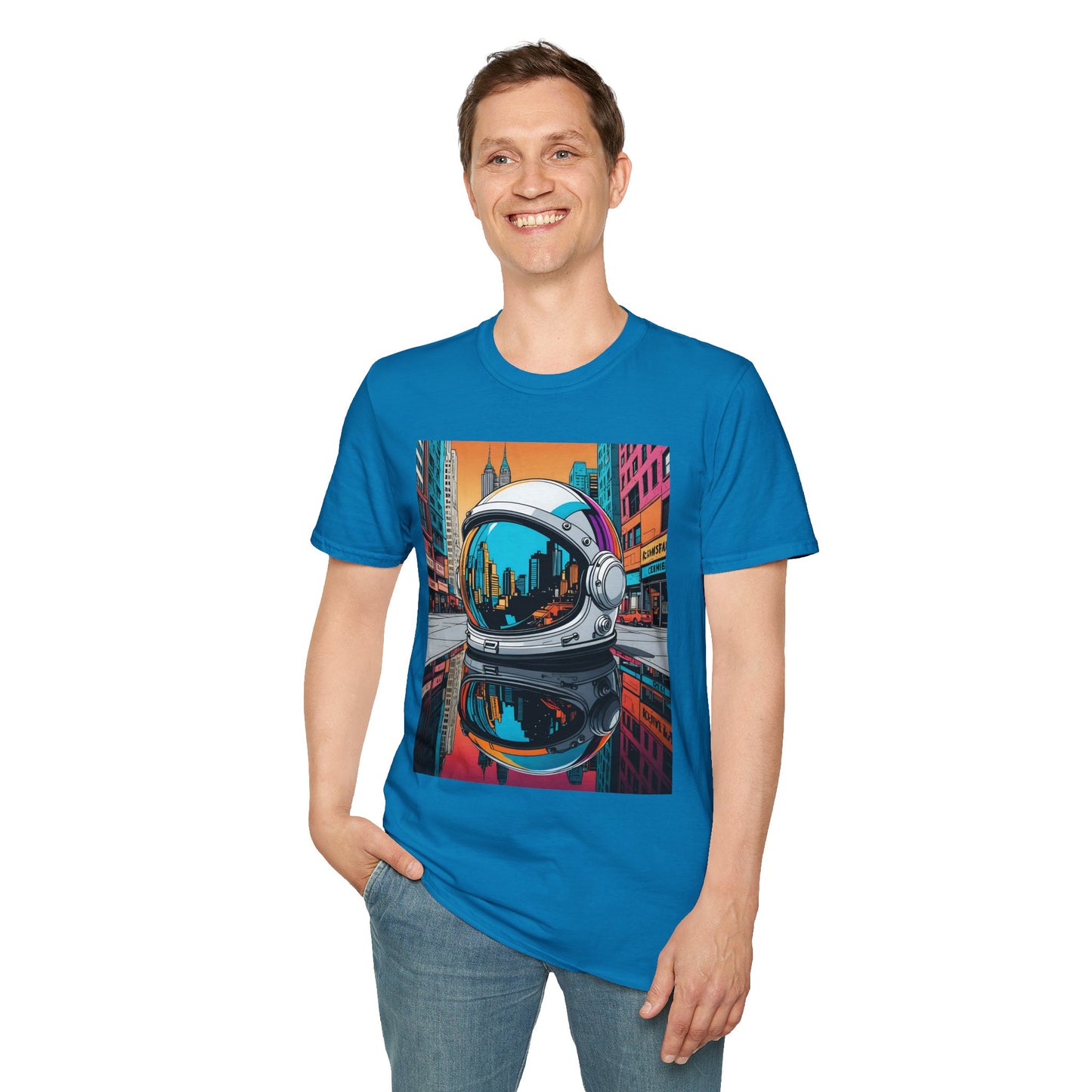 City Astronaut Reflection T-Shirt – Urban Space Art Tee – Gift for Sci-Fi Fans, Streetwear Addicts, and Cosmic Daydreamers