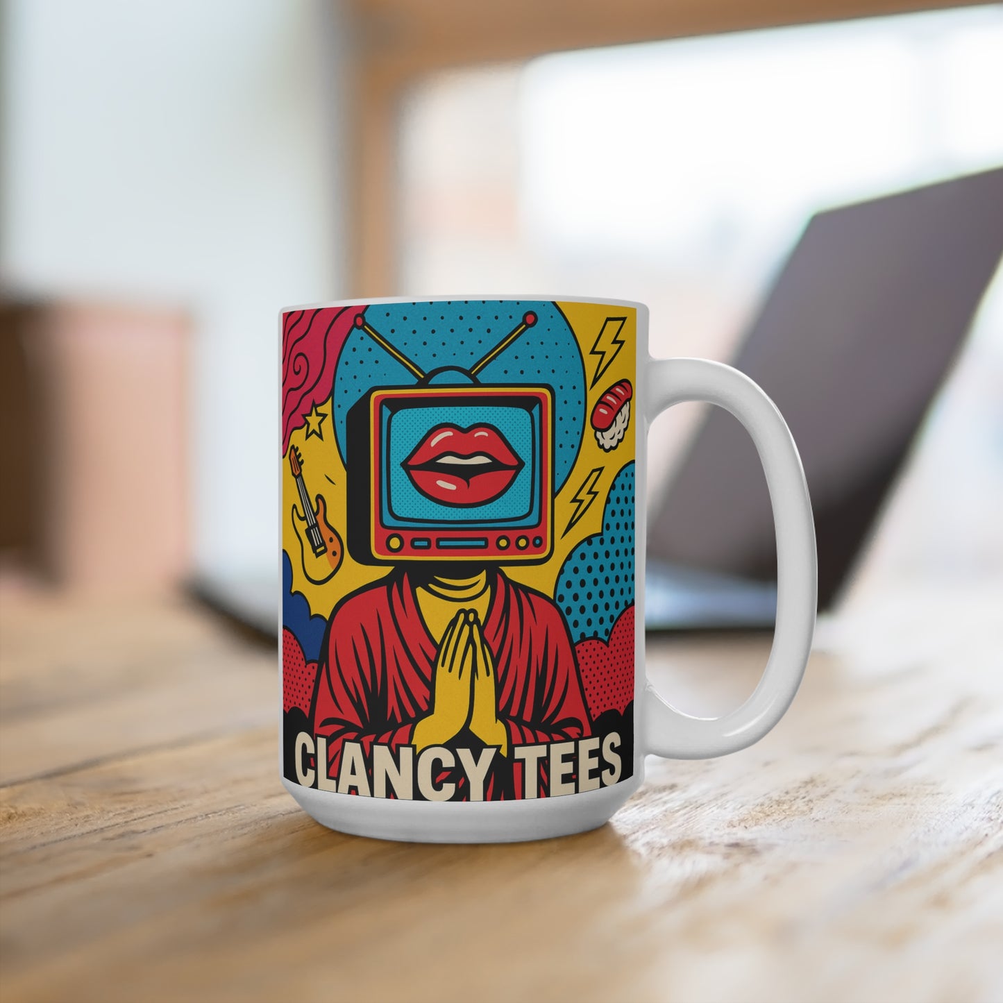 Retro Pop Art TV Head Mug Surreal Graphic Coffee Cup Gift For Pop Culture Fans