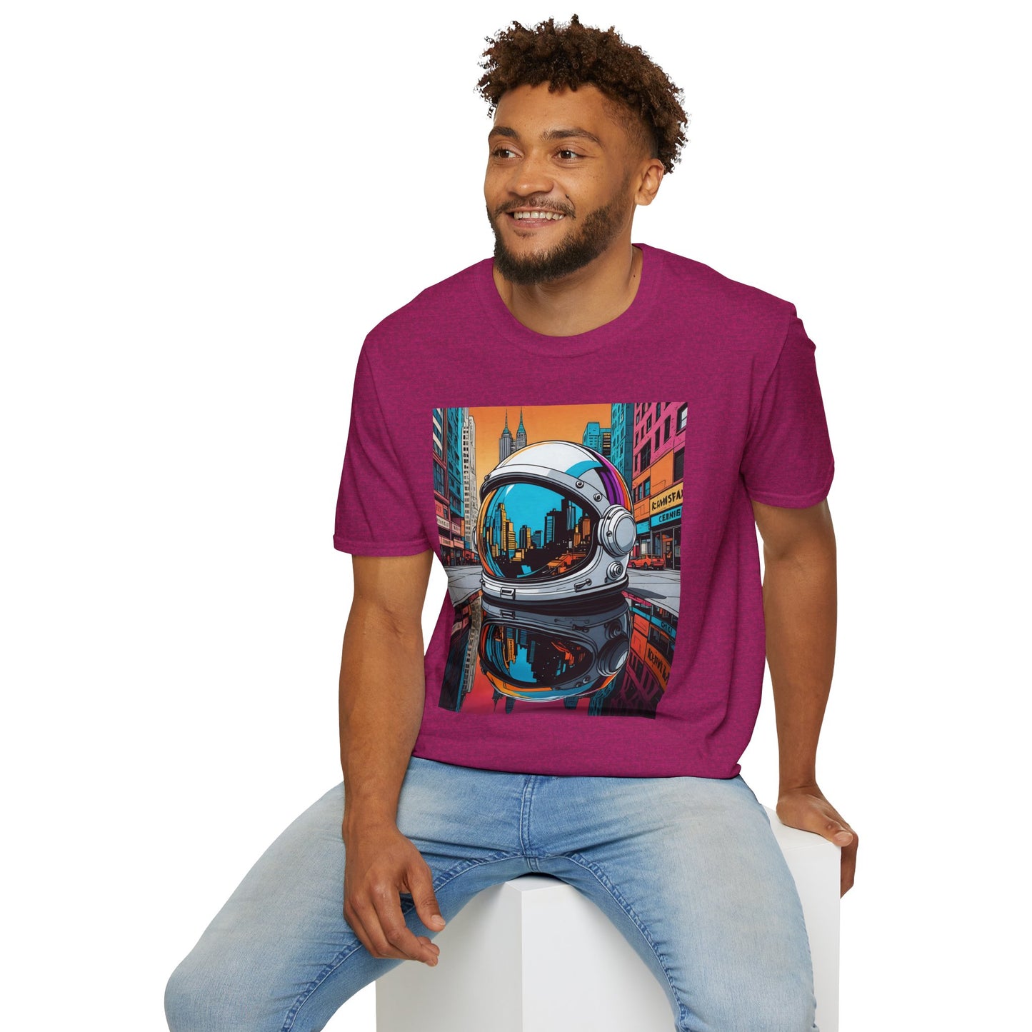 City Astronaut Reflection T-Shirt – Urban Space Art Tee – Gift for Sci-Fi Fans, Streetwear Addicts, and Cosmic Daydreamers