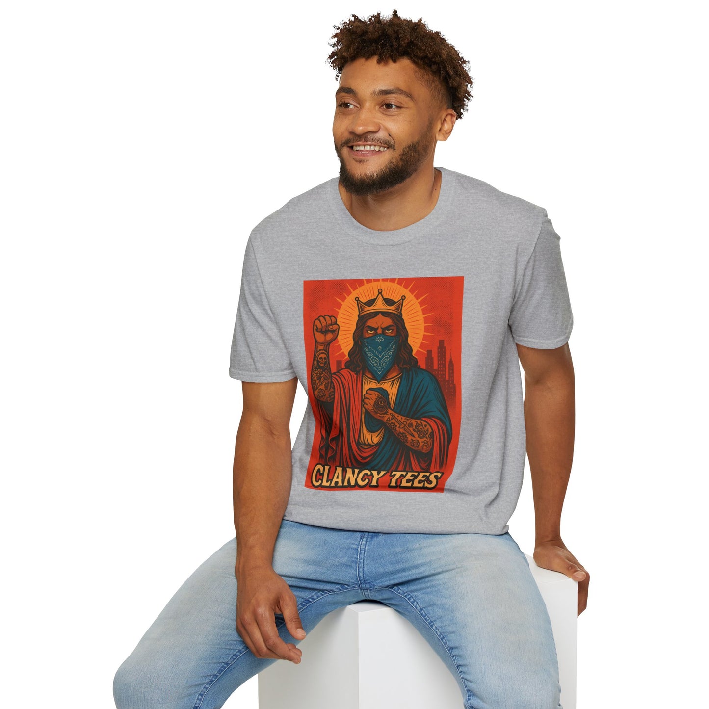 Tattooed Jesus Street Art Shirt – Clancy Tees | Urban Messiah Graphic Tee | Bold Religious Satire Shirt | King of the Block Tee