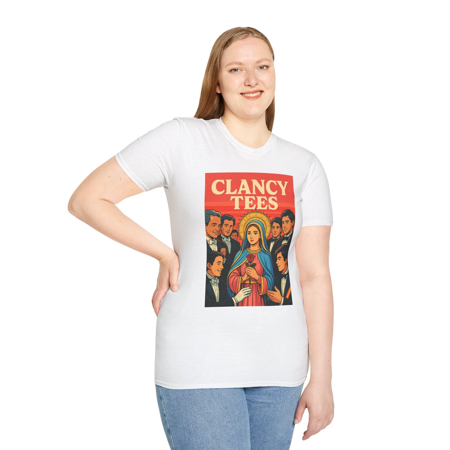 Vintage Virgin Mary Graphic T-Shirt, Softstyle Madonna Tee for Casual Wear, Perfect Gift for Holidays, Retro Clothing, Unisex Tees