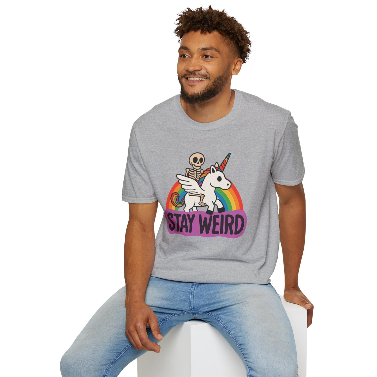 Stay Weird Skeleton Unicorn Shirt – Funny Rainbow Graphic Tee – Whimsical Weirdcore Clothing – Gift for Quirky Friends and Oddball Souls