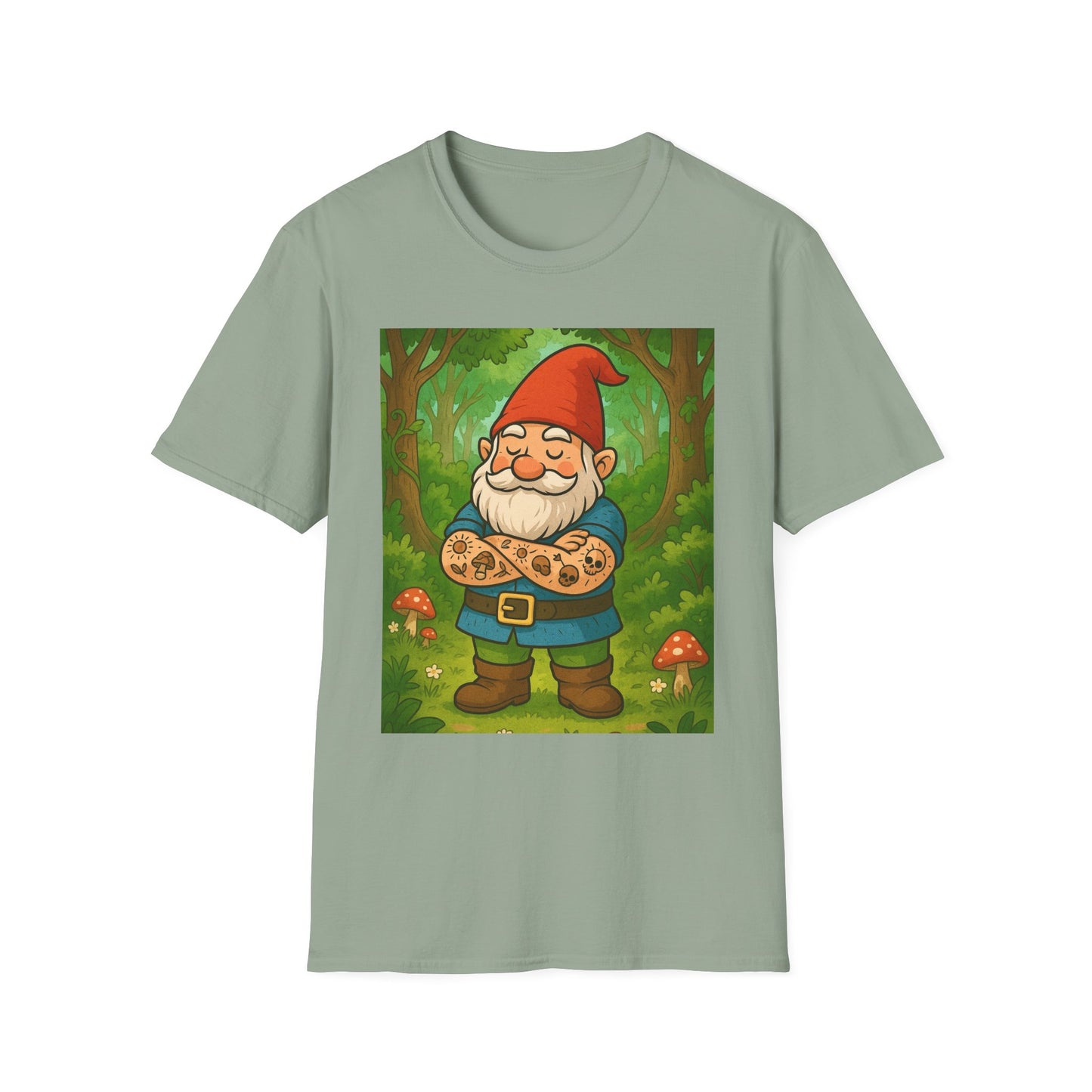 Tattooed Gnome T-Shirt – Funny Forest Inked Gnome Tee – Whimsical Tattoo Garden Shirt Gift for Mushroom Lovers, Gardeners, and Fantasy Fans