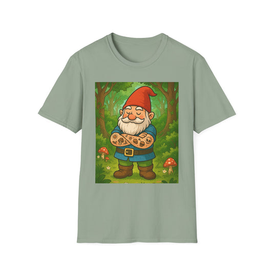 Tattooed Gnome T-Shirt – Funny Forest Inked Gnome Tee – Whimsical Tattoo Garden Shirt Gift for Mushroom Lovers, Gardeners, and Fantasy Fans