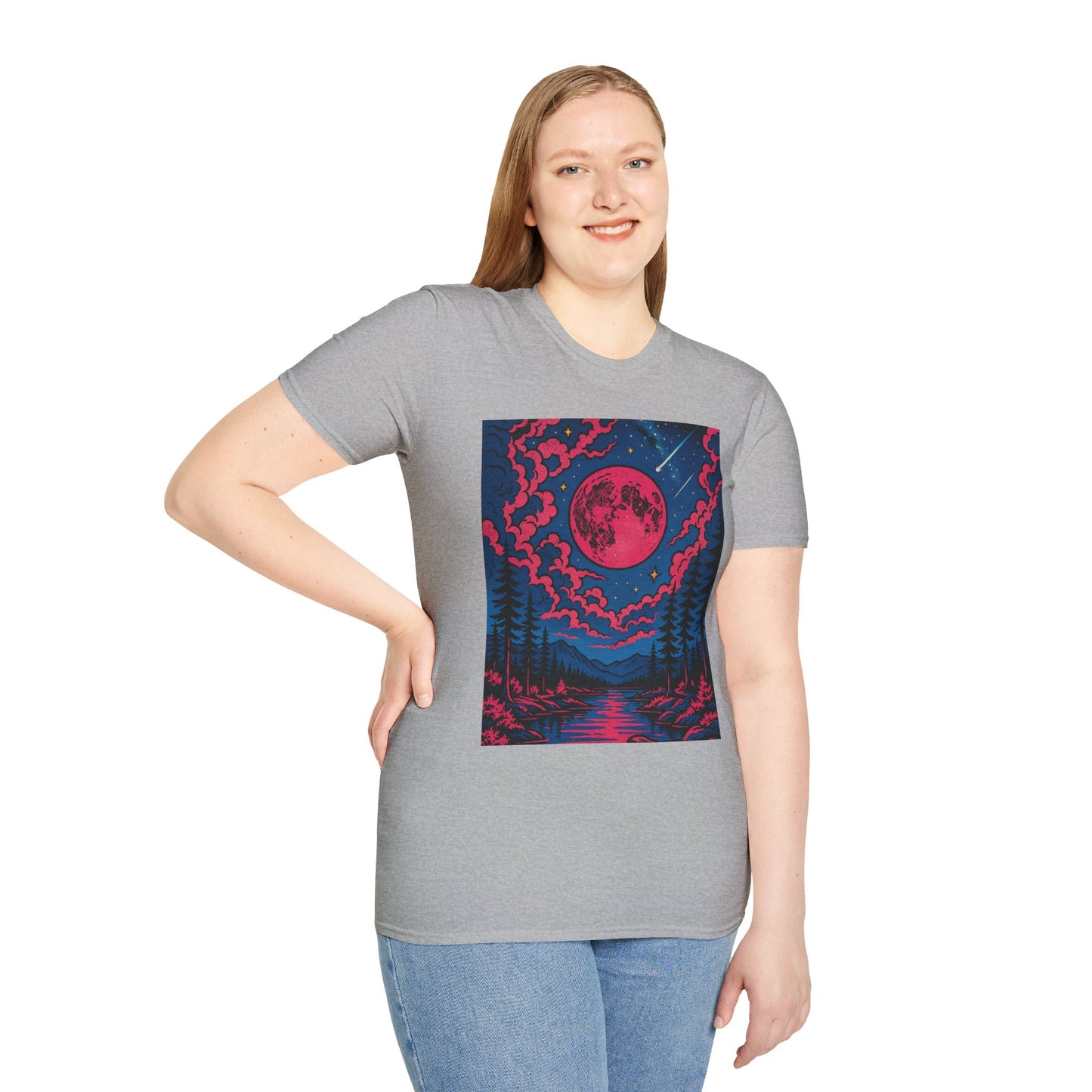 Trippy Red Moon Forest T-Shirt – Surreal Nature Graphic Tee • Psychedelic Night Sky Shirt • Gildan Softstyle® Unisex • Gift for Nature Lovers