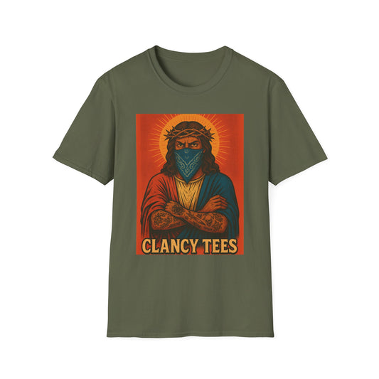 Gangsta Jesus Tattoo Shirt – Bold Religious Parody Tee with Face Mask – Street Art Style Graphic – Gift for Rebels, Sinners, and Faithful Rule-Breakers
