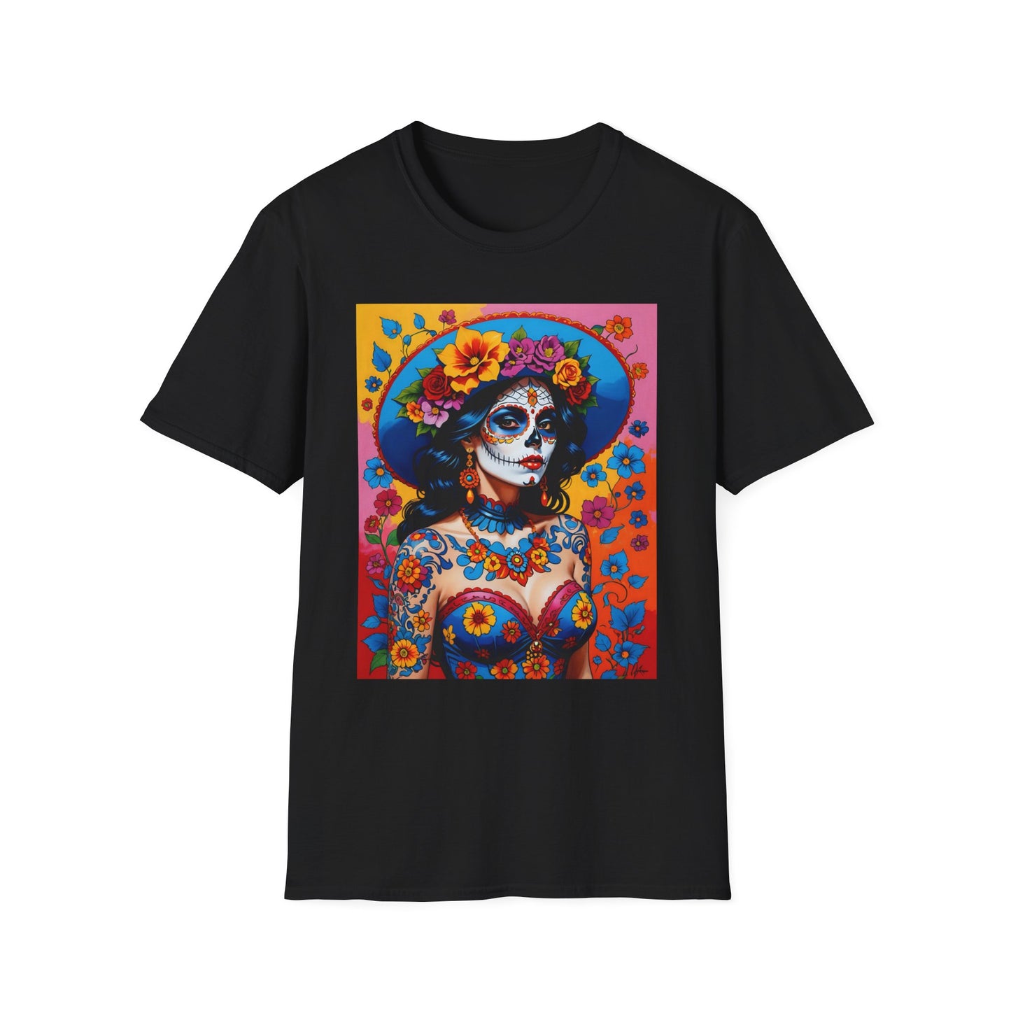 Sugar Skull T-Shirt – Día de los Muertos Art Tee – Gift for Goth Aesthetic Fans, Colorful Skull Lovers, and Tattoo-Inspired Fashion