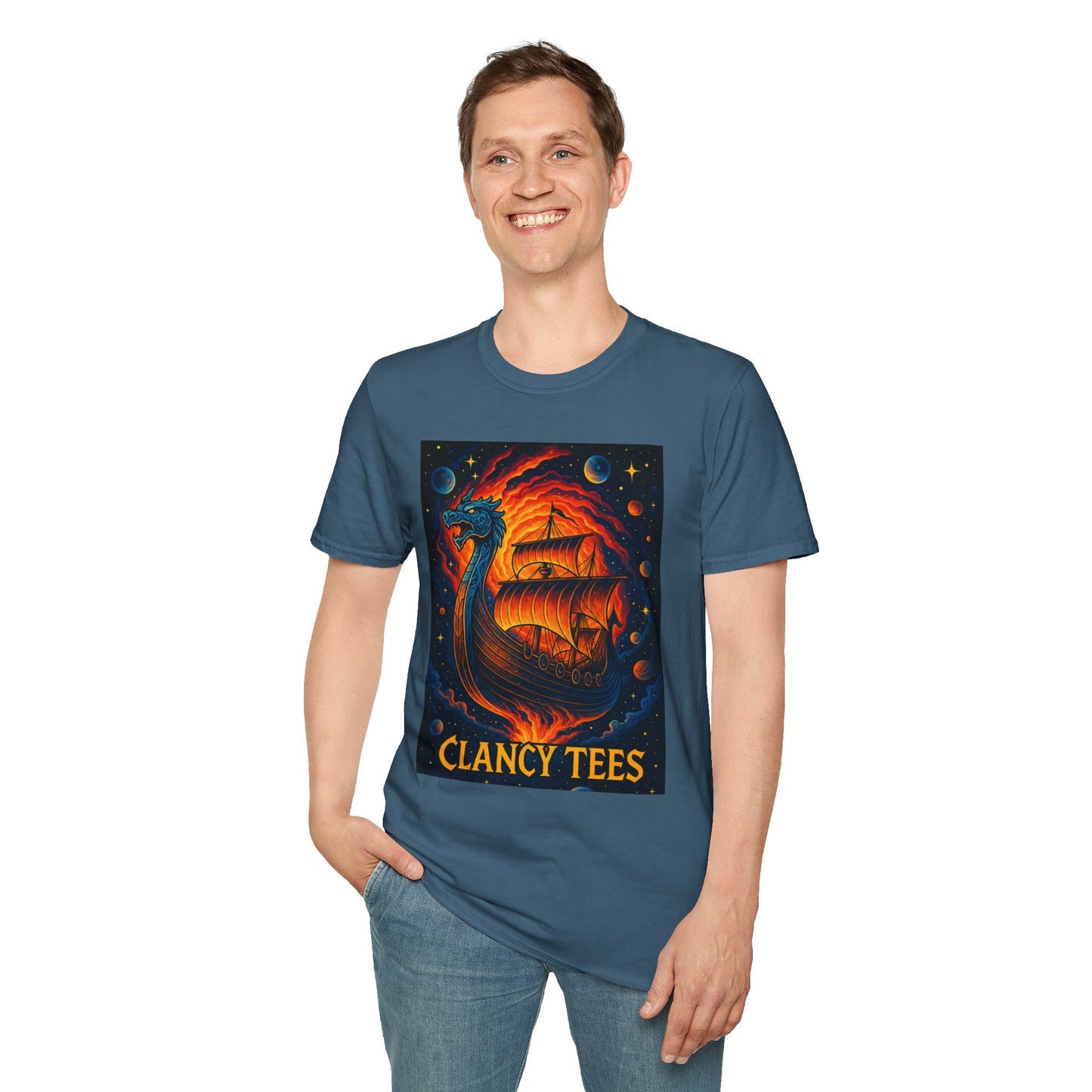 Viking Ship Dragon Shirt – Trippy Norse Mythology Tee with Fiery Cosmic Art – Bold Fantasy Graphic – Gift for Myth Lovers and Warrior Souls