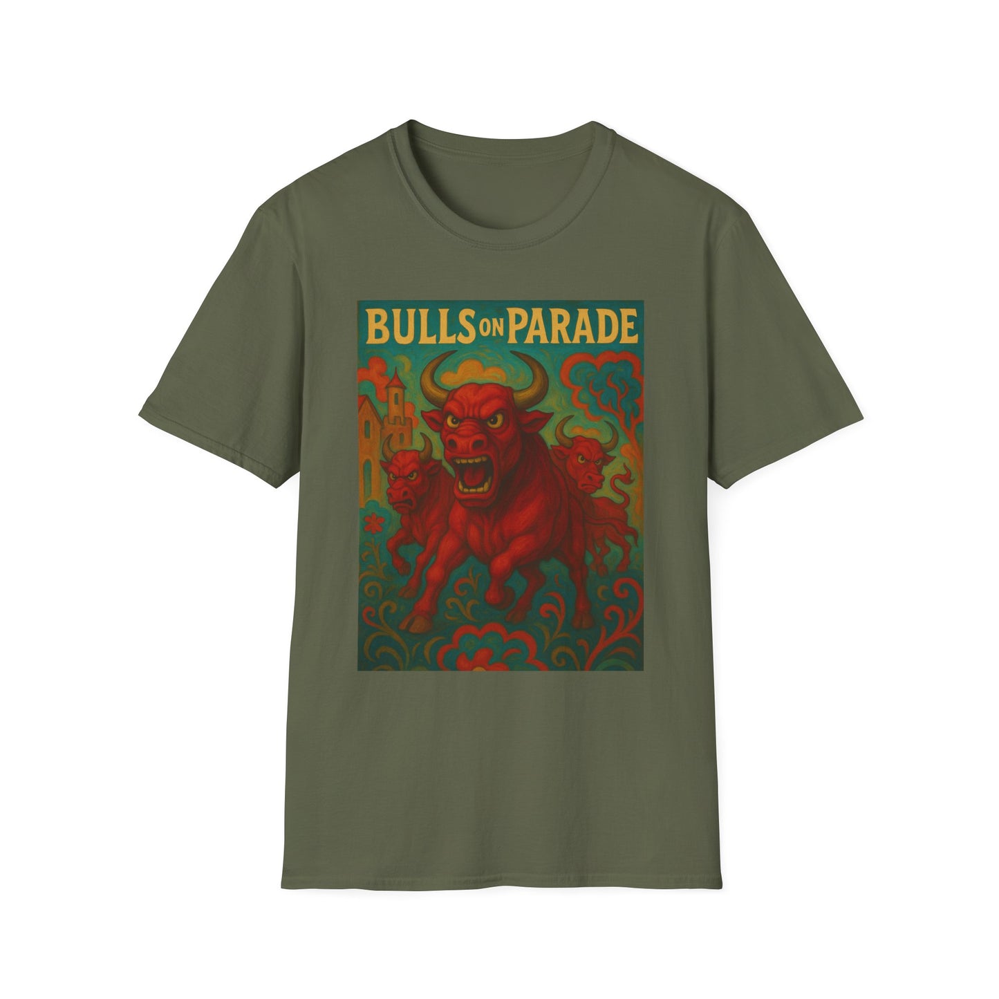 Bulls on Parade Shirt – Psychedelic Rage-Inspired Bull Graphic Tee • Gildan Softstyle® Unisex • Protest Art T-Shirt • Gift for Rage Fans