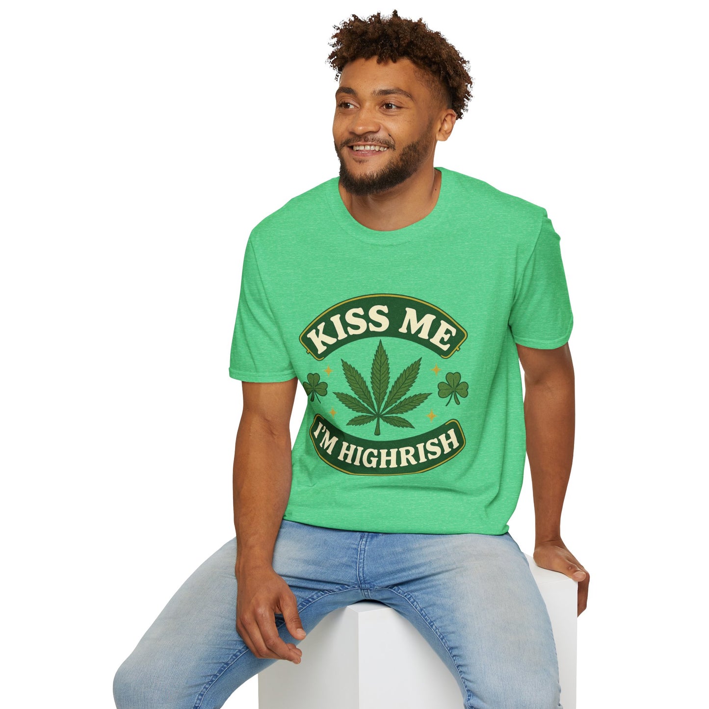 Kiss Me I’m Highrish Shirt – Funny Weed St. Patrick’s Day Tee – Cannabis Leaf Irish Parody Shirt – Gift for Stoner Friends and Green Beer Fans