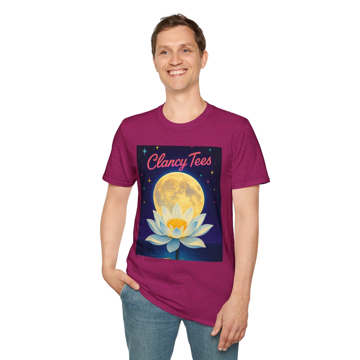 Moon Lotus Clancy Tees Shirt – Ethereal Floral T-Shirt with Full Moon Art – Gift for Nature Lovers, Yogis, Dreamers & Spiritual Aesthetic Fans