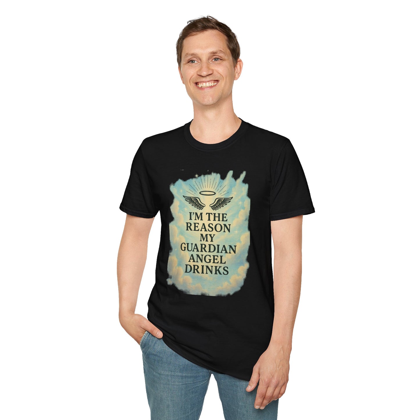 Unisex Softstyle T-Shirt, Funny Guardian Angel Tee, Unique Gift for Friends, Humor Shirt, Casual Wear, Perfect for Holidays
