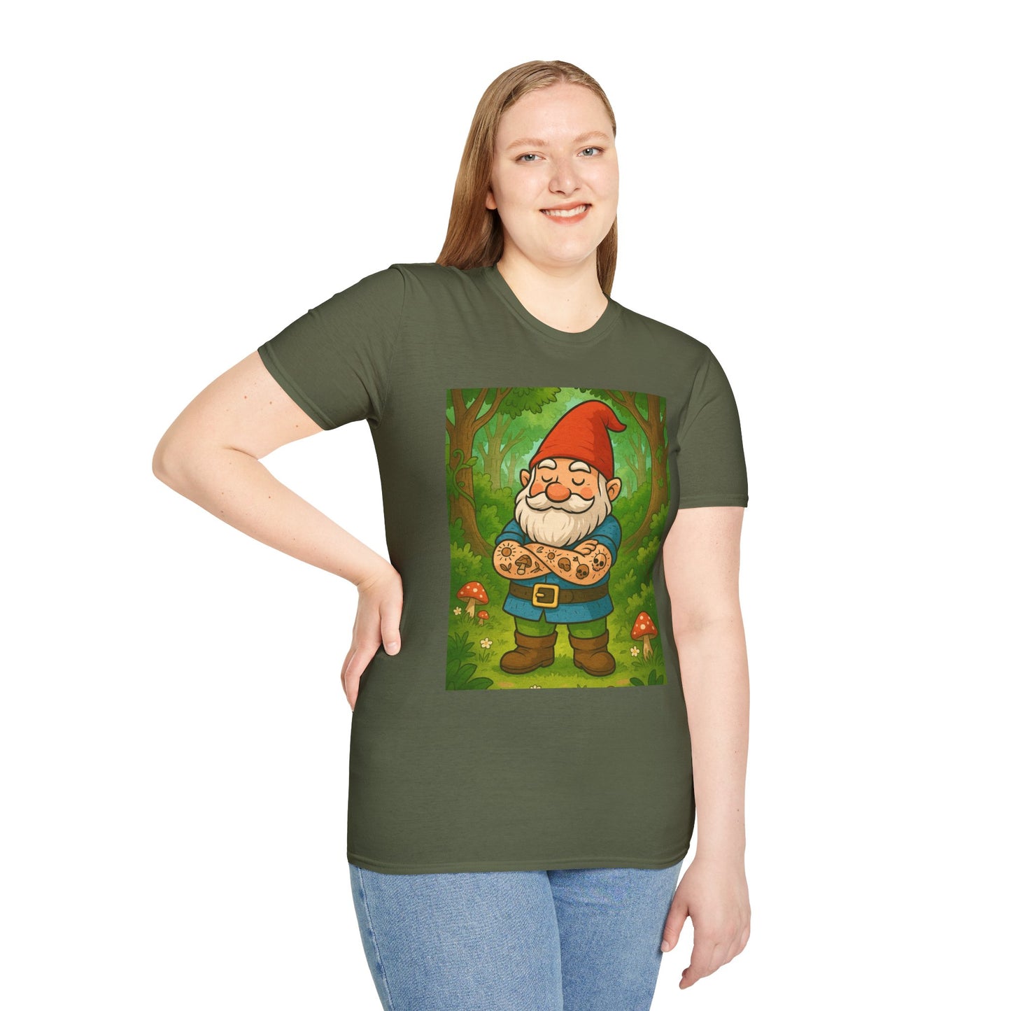Tattooed Gnome T-Shirt – Funny Forest Inked Gnome Tee – Whimsical Tattoo Garden Shirt Gift for Mushroom Lovers, Gardeners, and Fantasy Fans