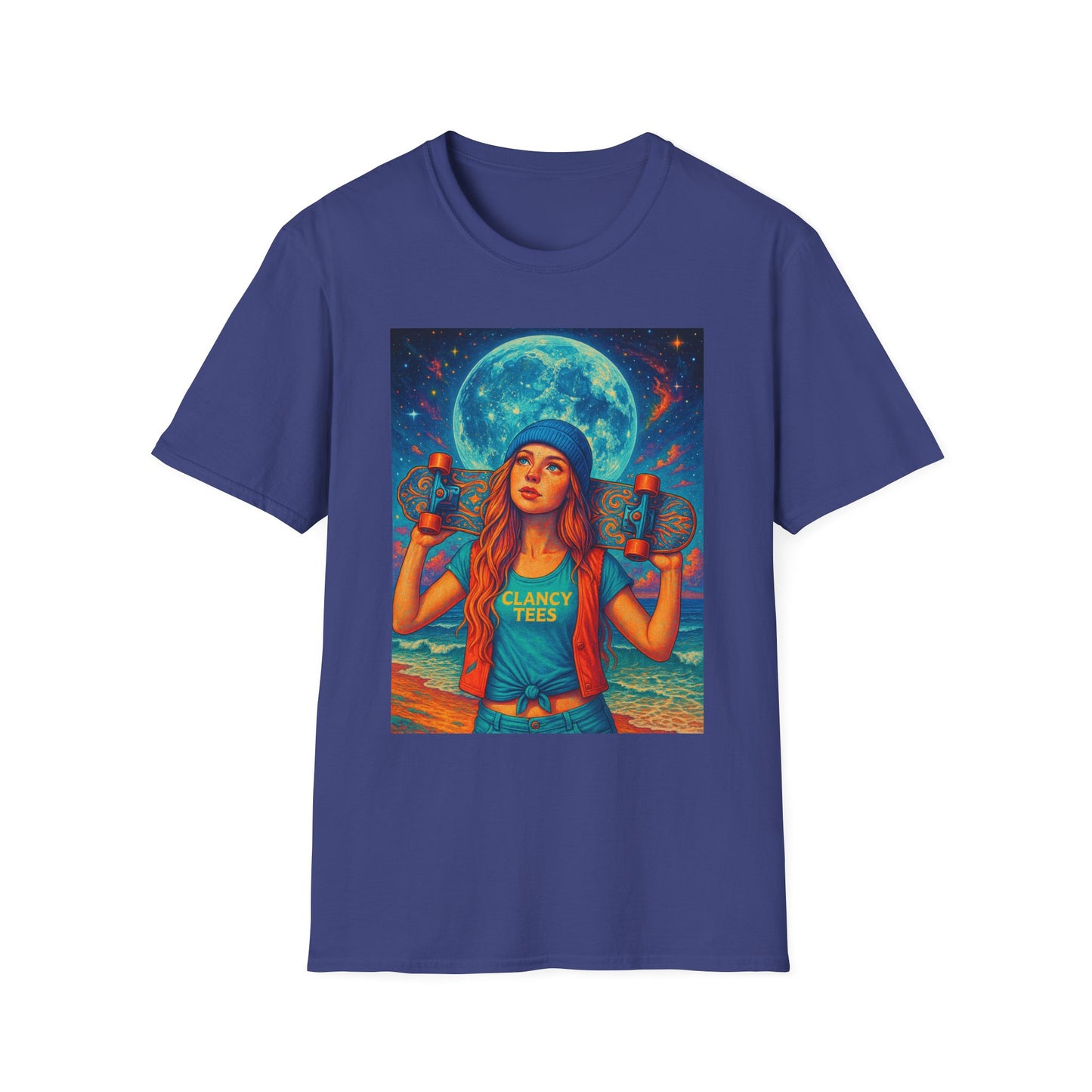 Bohemian Skater Girl Graphic Tee, Unisex T-Shirt with Moon & Nature Design, Perfect for Festivals, Gift for Nature Lovers, Summer Vibes, Casual Wear