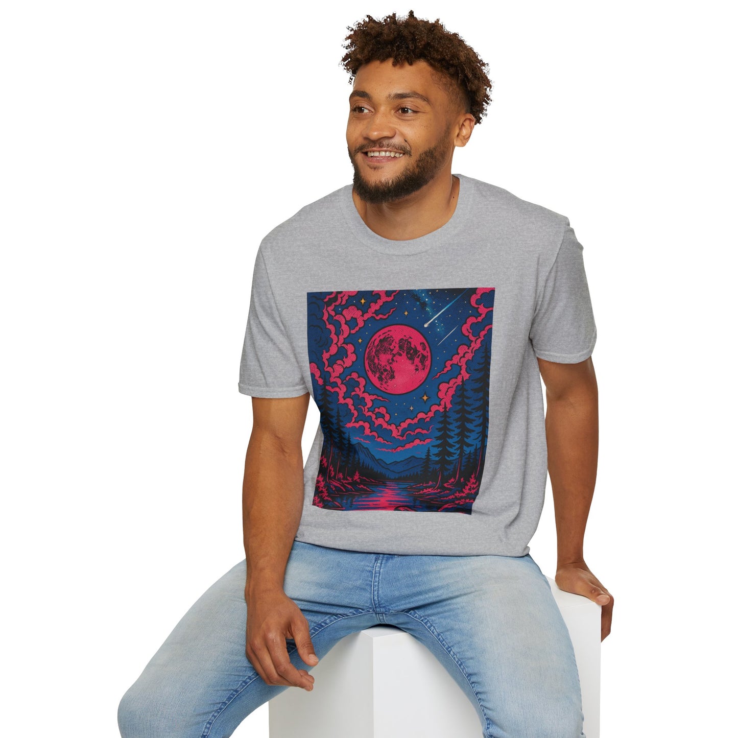 Trippy Red Moon Forest T-Shirt – Surreal Nature Graphic Tee • Psychedelic Night Sky Shirt • Gildan Softstyle® Unisex • Gift for Nature Lovers