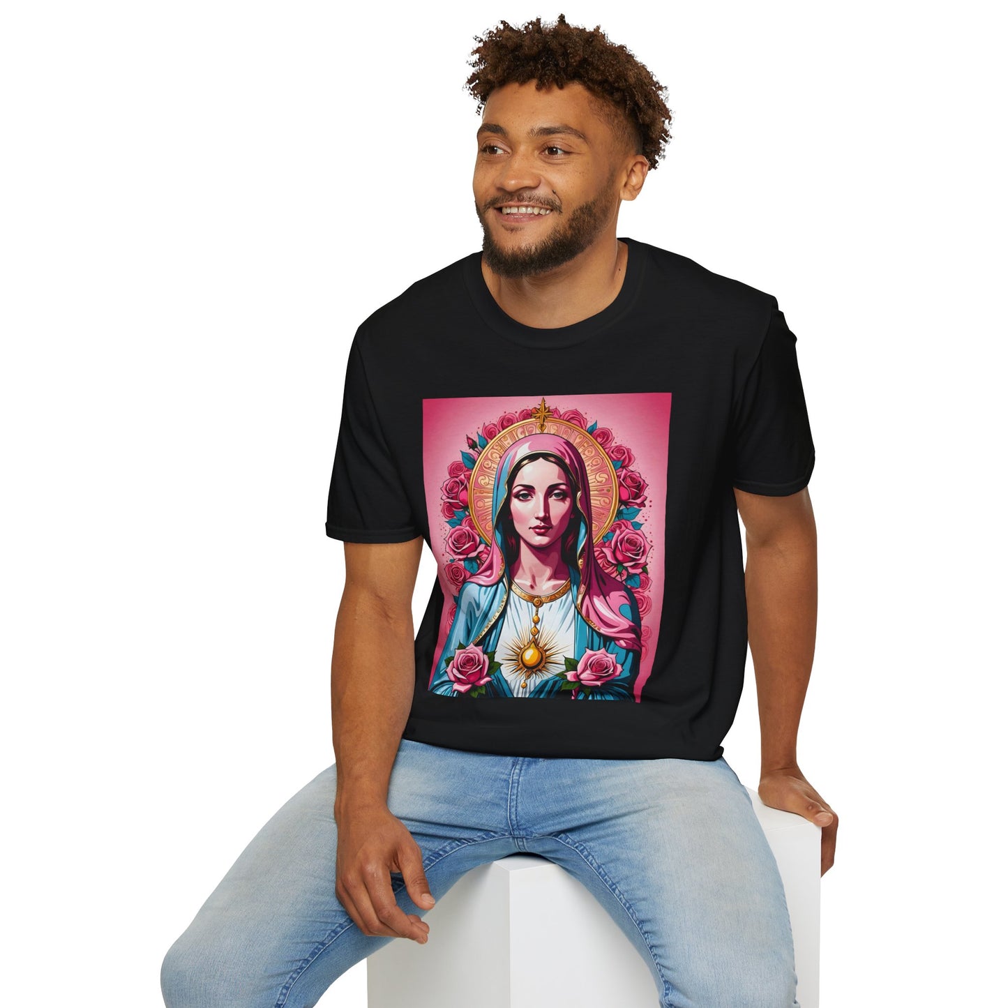 Unisex Softstyle T-Shirt with Sacred Heart Design, Spiritual Apparel, Artistic Gift for Many Occasions, Vintage Aesthetic, Festive Wear